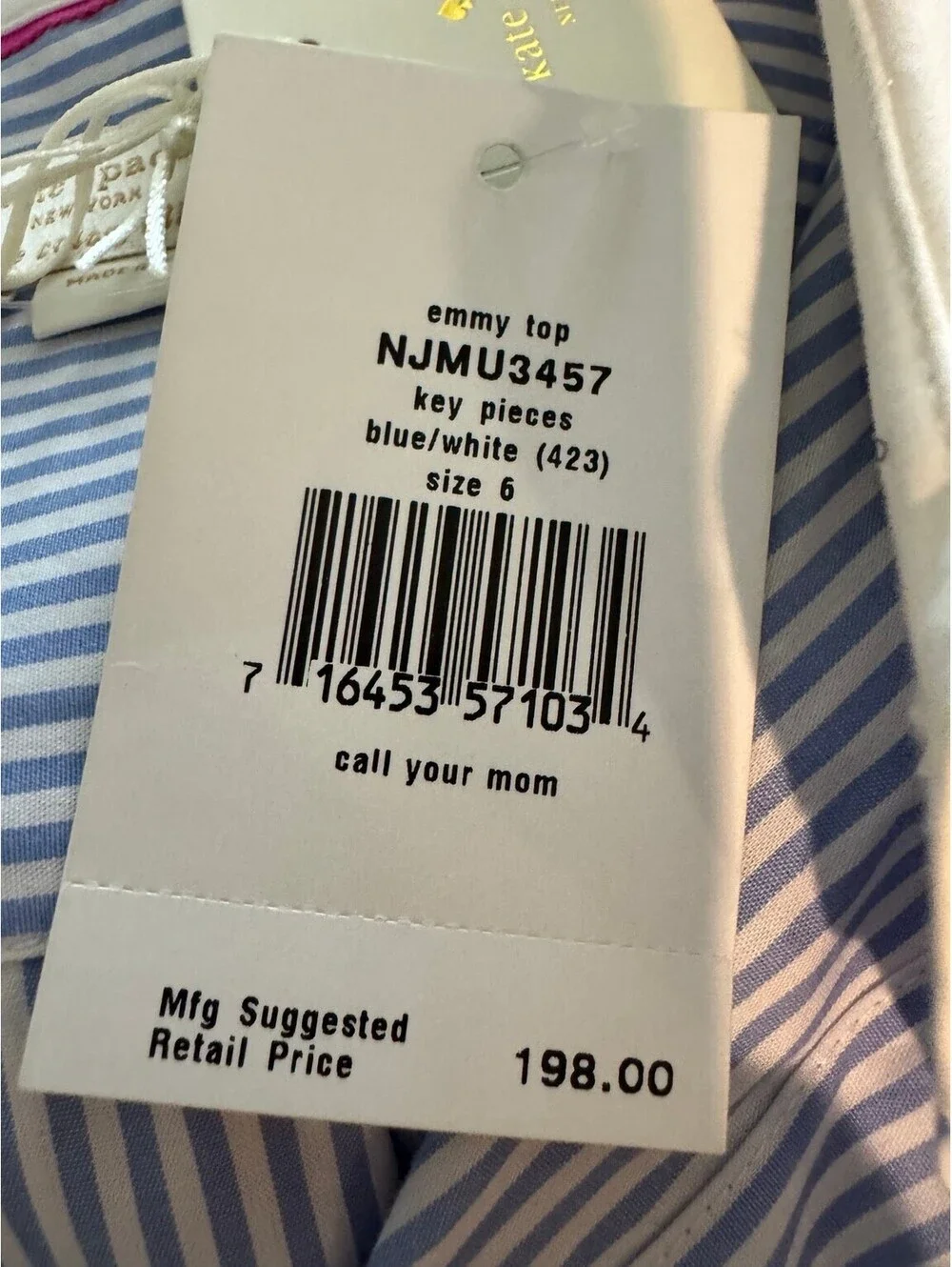 NWT Kate Spade New York Emmy Top Blue/White Striped Button Down Size 6
